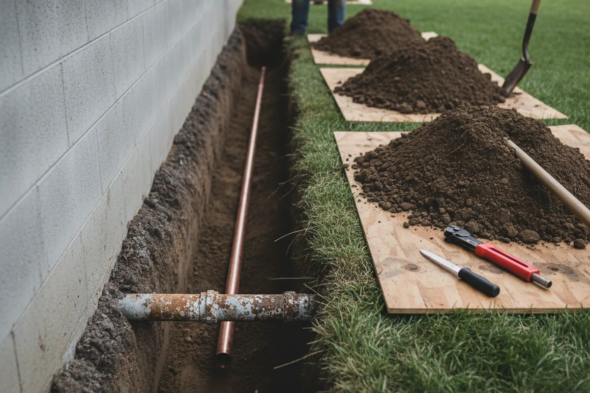 Excavated water line trench during Water Softener Installation in West Nyack